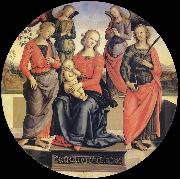 Pietro vannucci called IL perugino The Virgin and the Nino acompanados for two angeles, Holy Rose and Holy Catalina oil painting